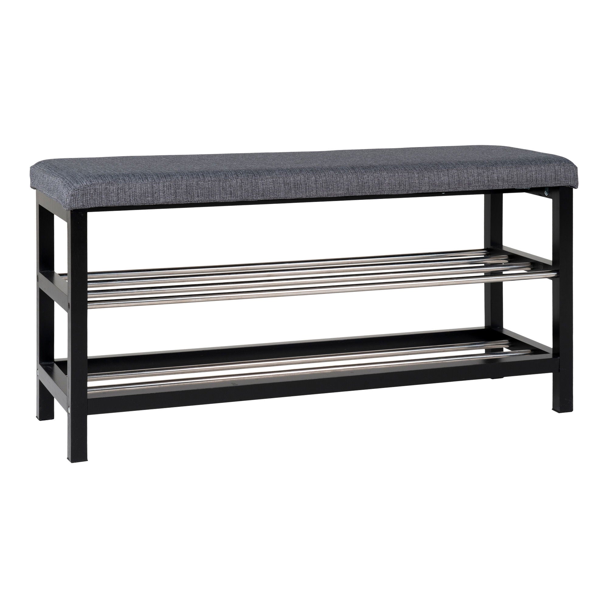 Padova Bench - Bench with cushion and 2 shelves, grey, black legs 100x34x50 cm