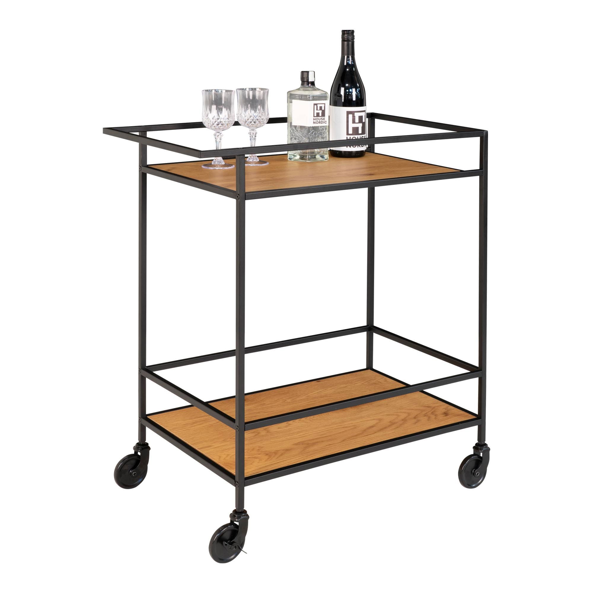 Vita Bar trolley - Bar trolley with 2 shelves, oak look, black frame 68x40x79 cm