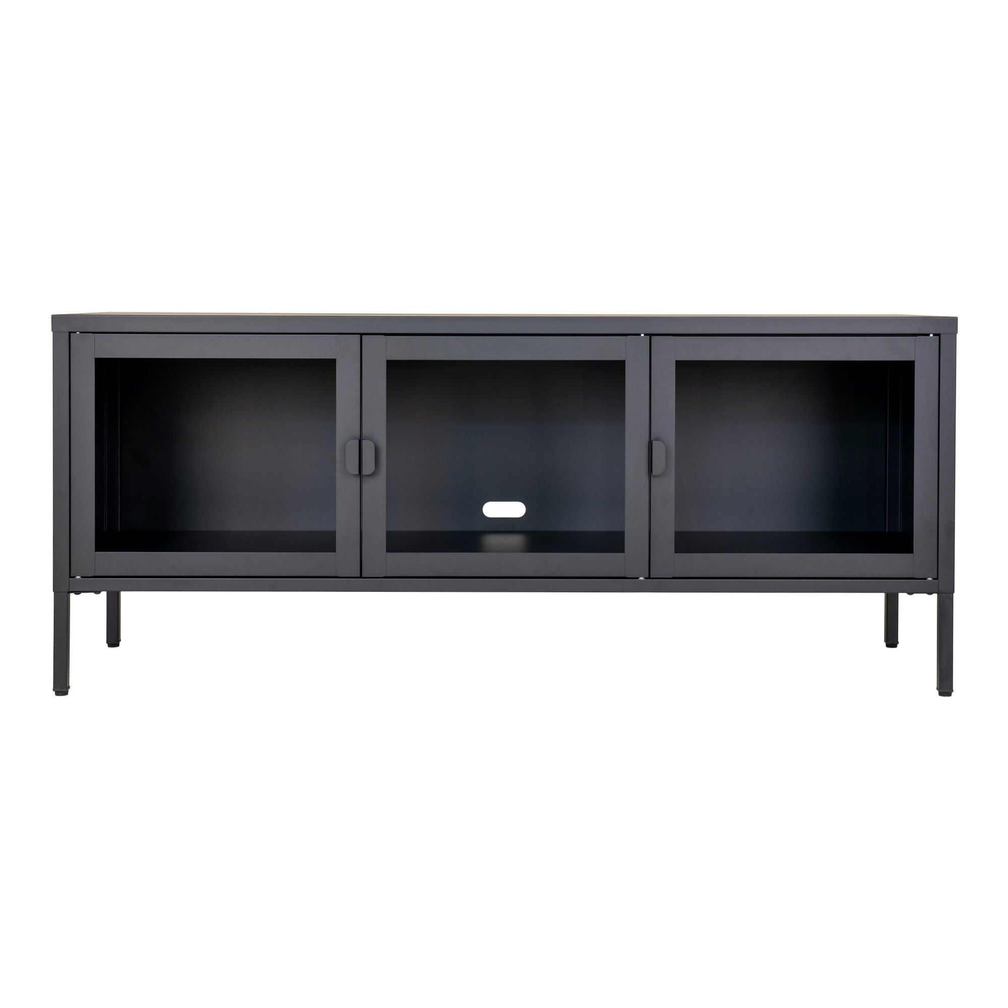 Brisbane TV Bench - TV Bench, 3 glass doors, steel, black 130x40x55 cm