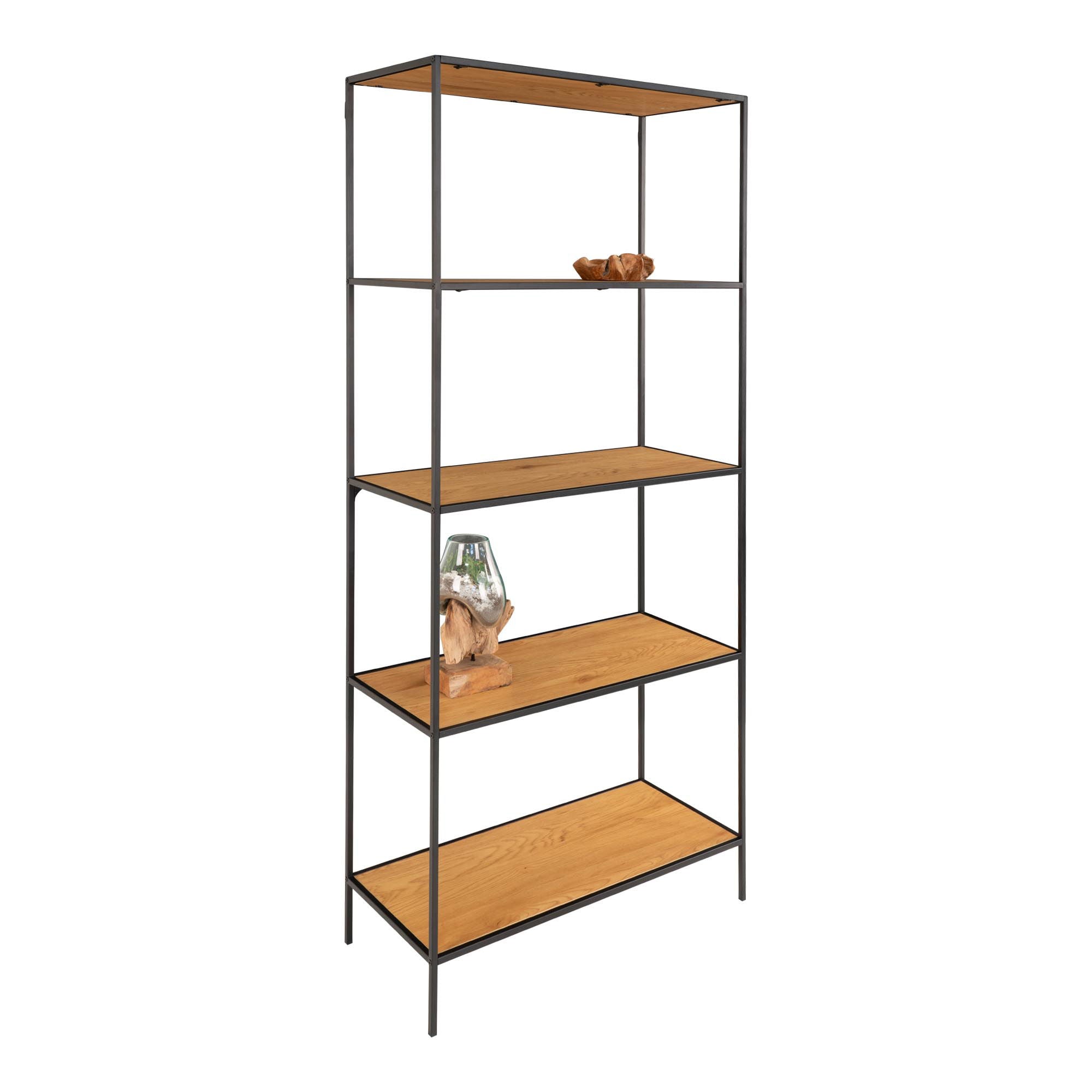 Vita shelf - shelf, 5 shelves, oak look, black frame 80x36x170 cm