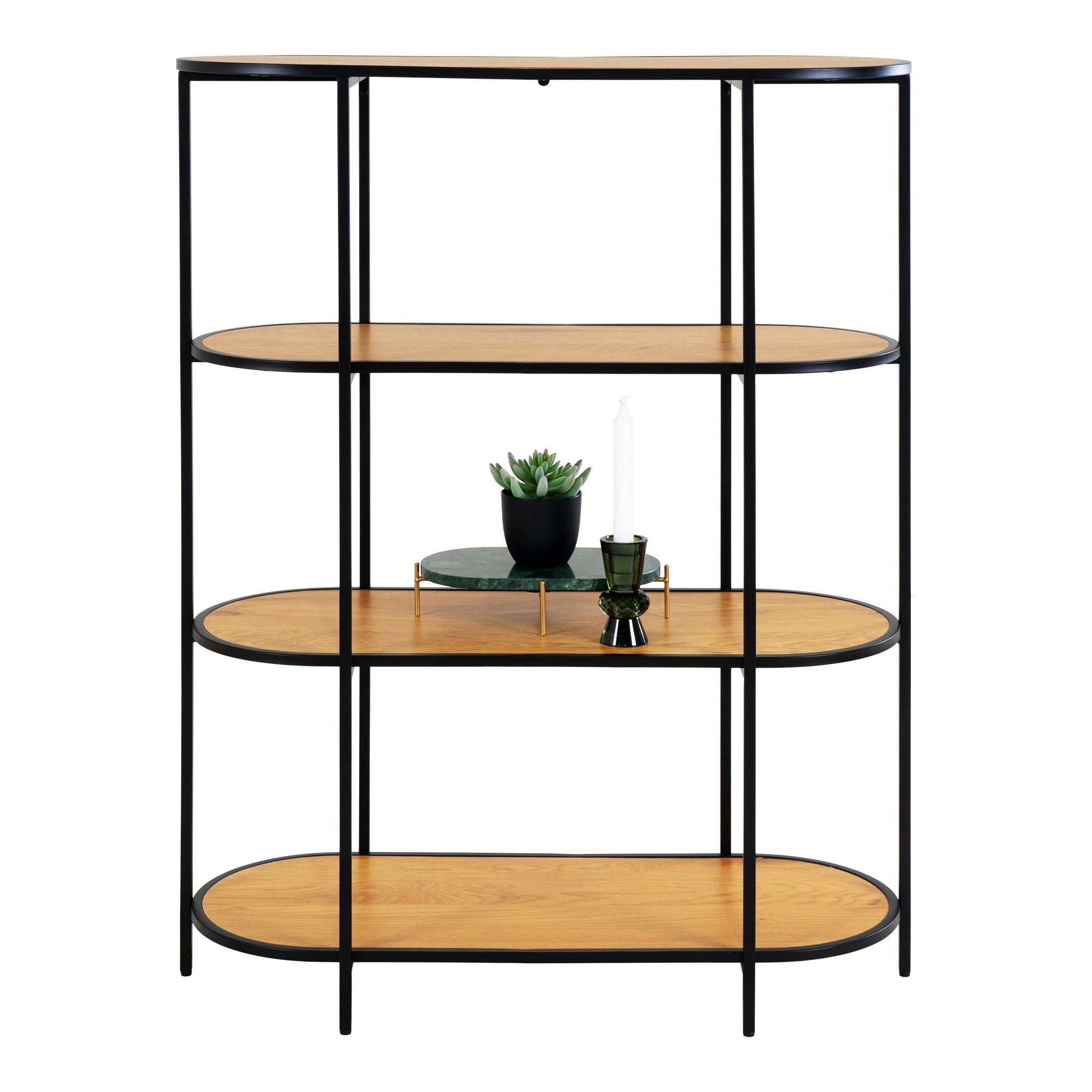 Vita shelf - Oval shelf, 4 shelves, oak look, black frame 85x36x111 cm