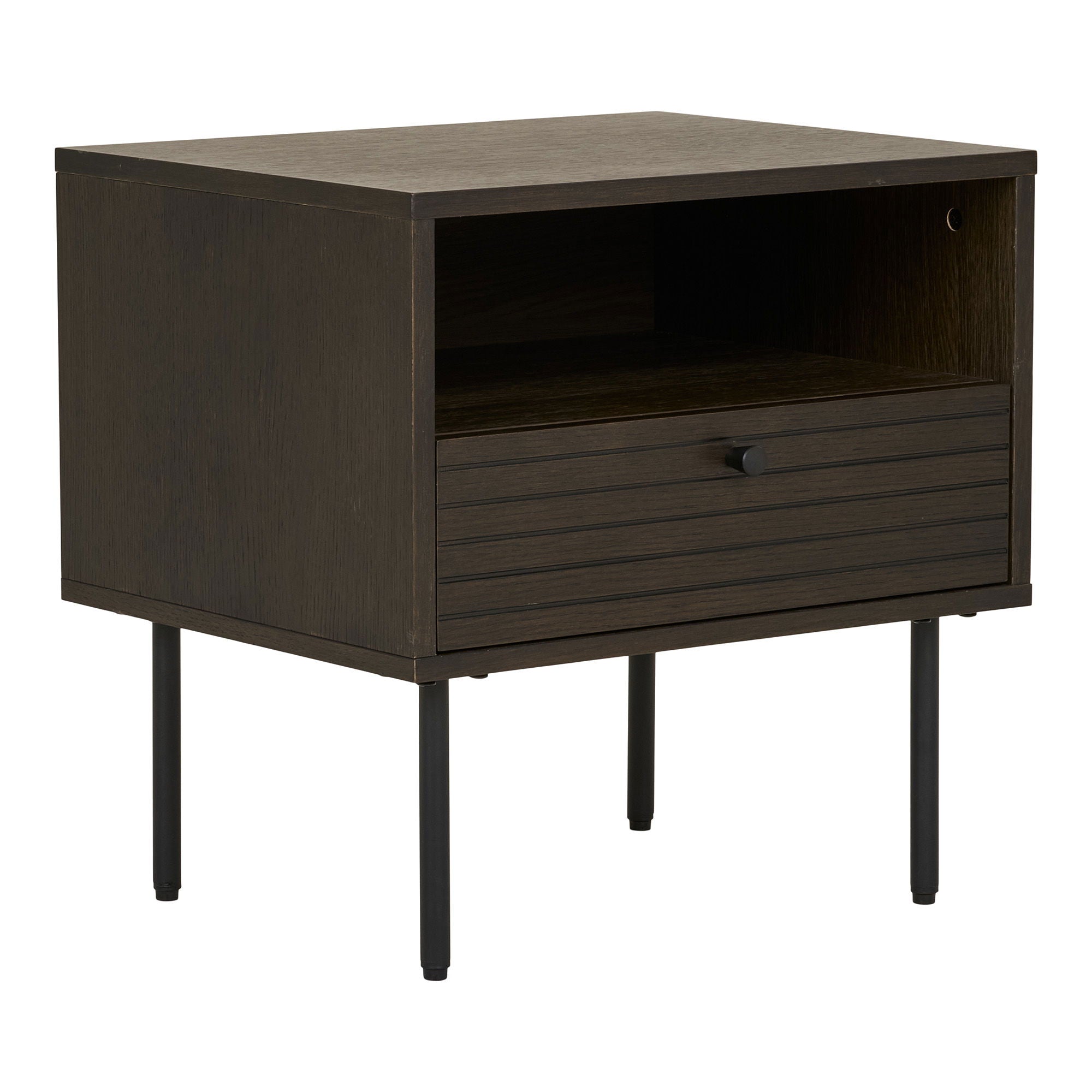 Kyoto Side Table - Side table, 1 drawer, oak veneer, smoked, black metal legs 50x40x50 cm