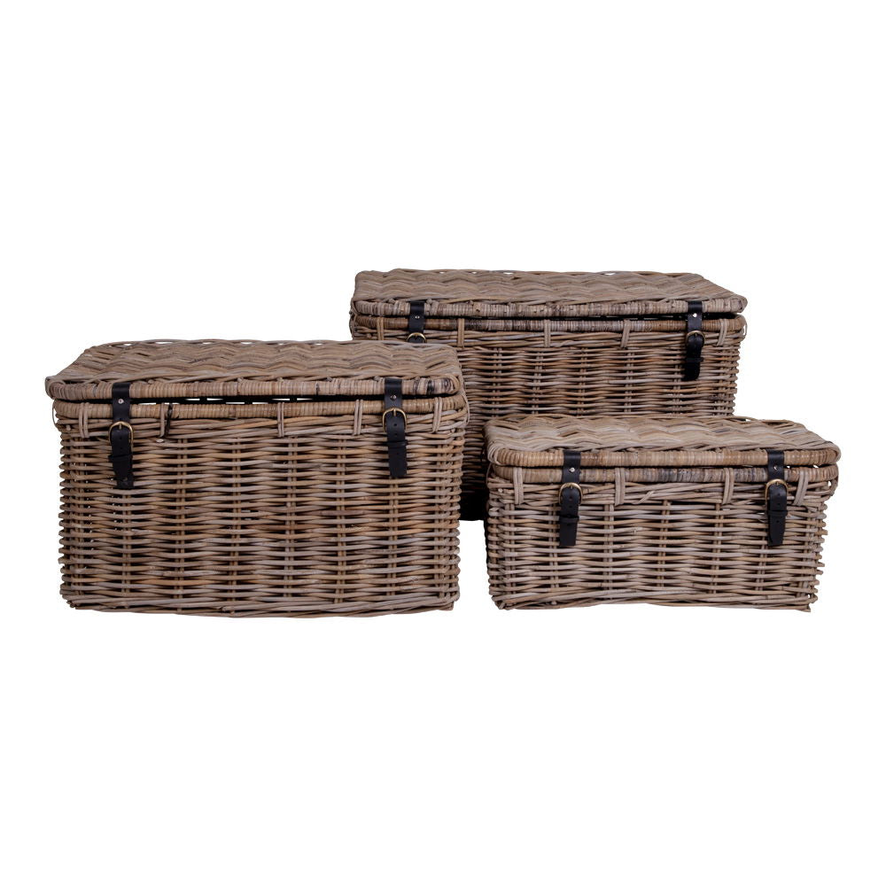 Depok Storage Trunk - Storage Trunk, kubu rattan, leather handle, grey, set of 3