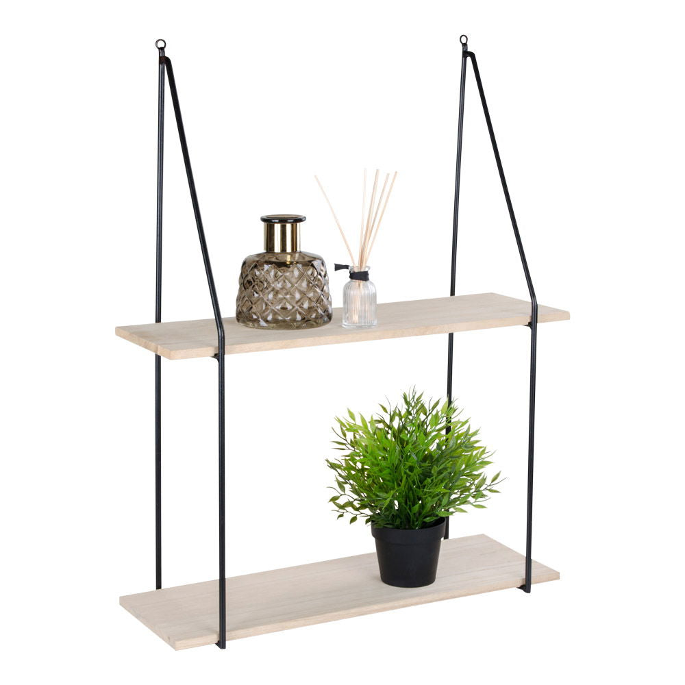 Haag Wall Shelf - Wall Shelf, 2 wood shelves, black frame, 55x21 cm