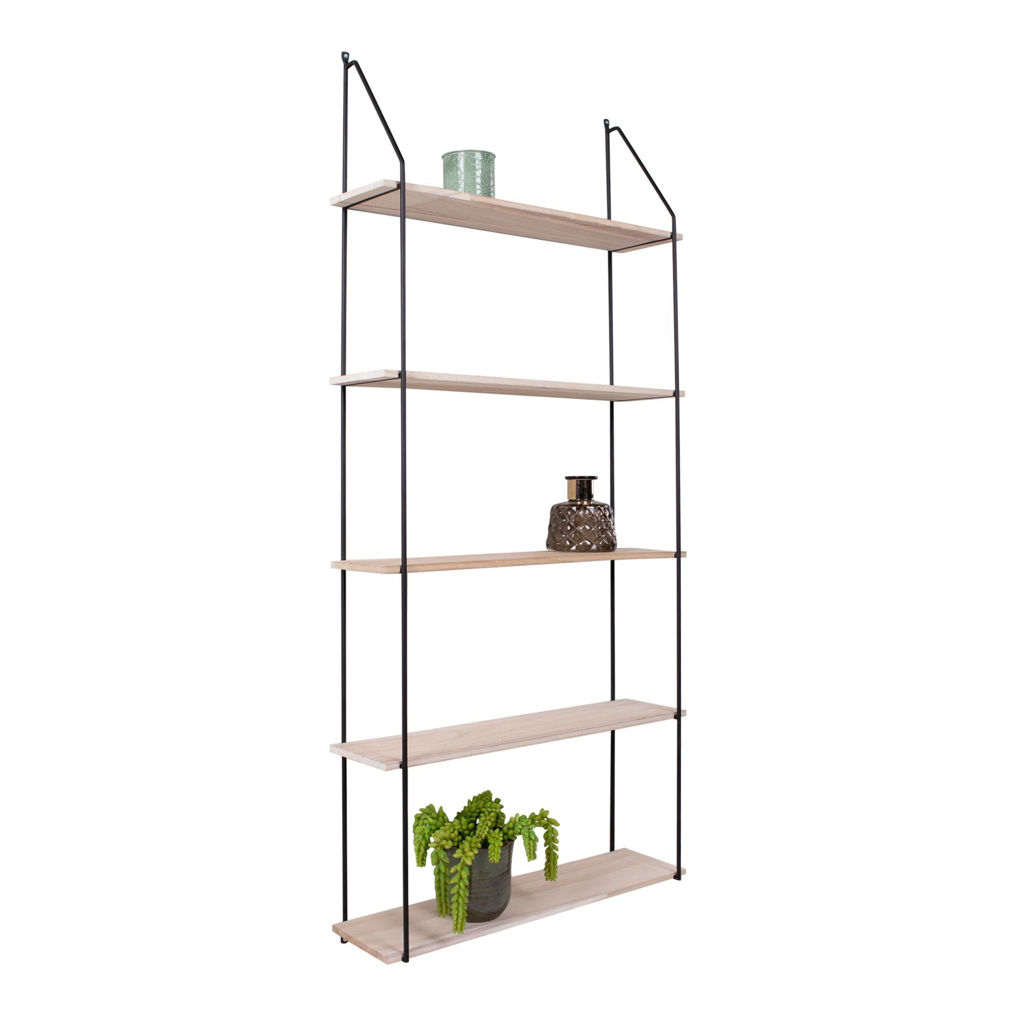 Eindhoven Wall Shelf - Wall Shelf, 5 wood shelves, black frame 65x17x145 cm