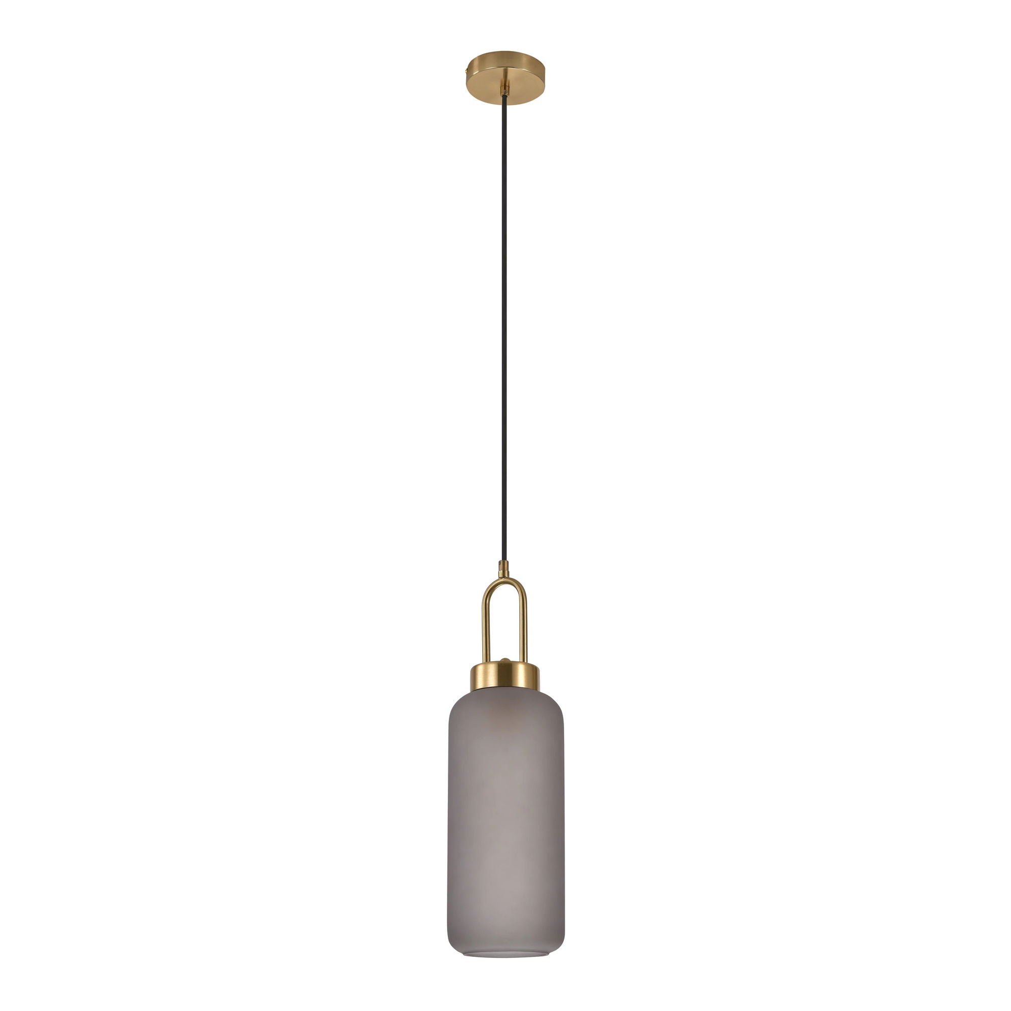 Luton Pendant - Pendant, mat smokey glass, brass colored socket, cylinder shaped, Ø13 cm