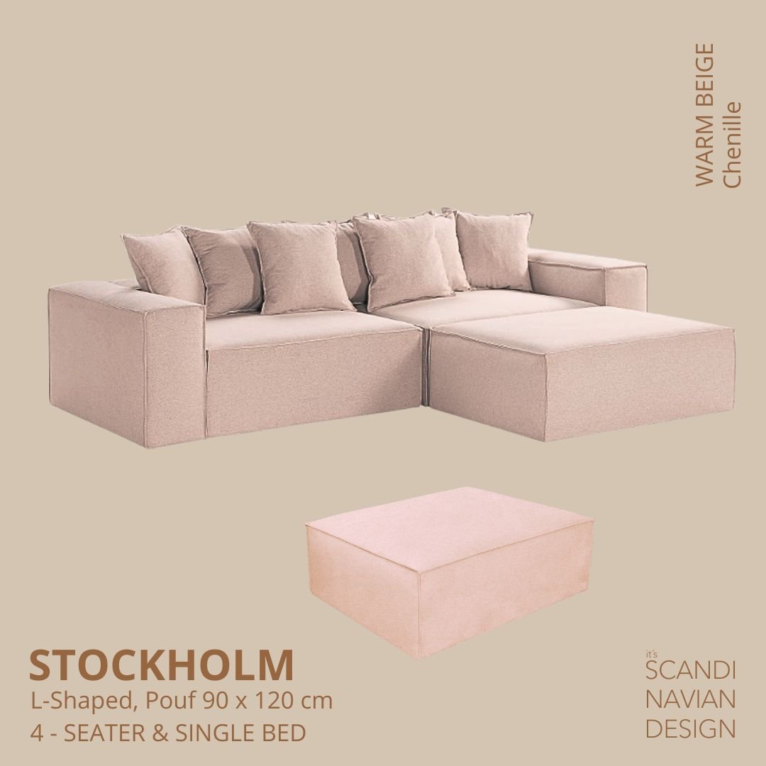 STOCKHOLM L - Shaped sofa/single bed Chenille Warm Beige removable & washable cover - Scandinavian Stories by Marton
