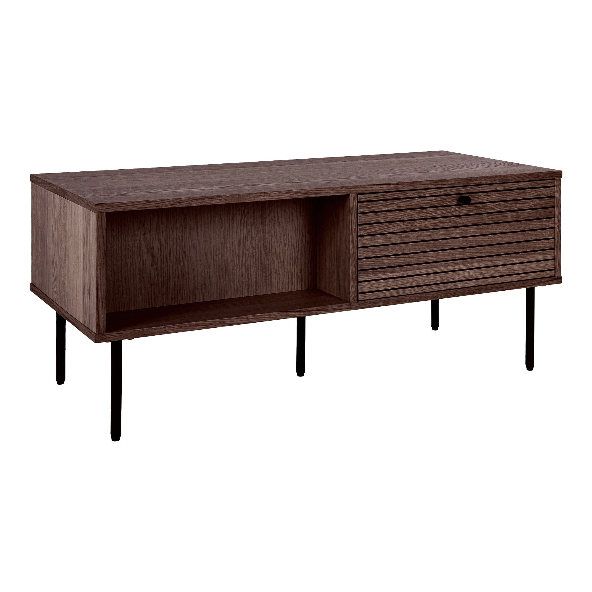 Kyoto Coffee Table - Coffee table, 2 drawers, oak veneer, smoked, black metal legs 50x100x45 cm 