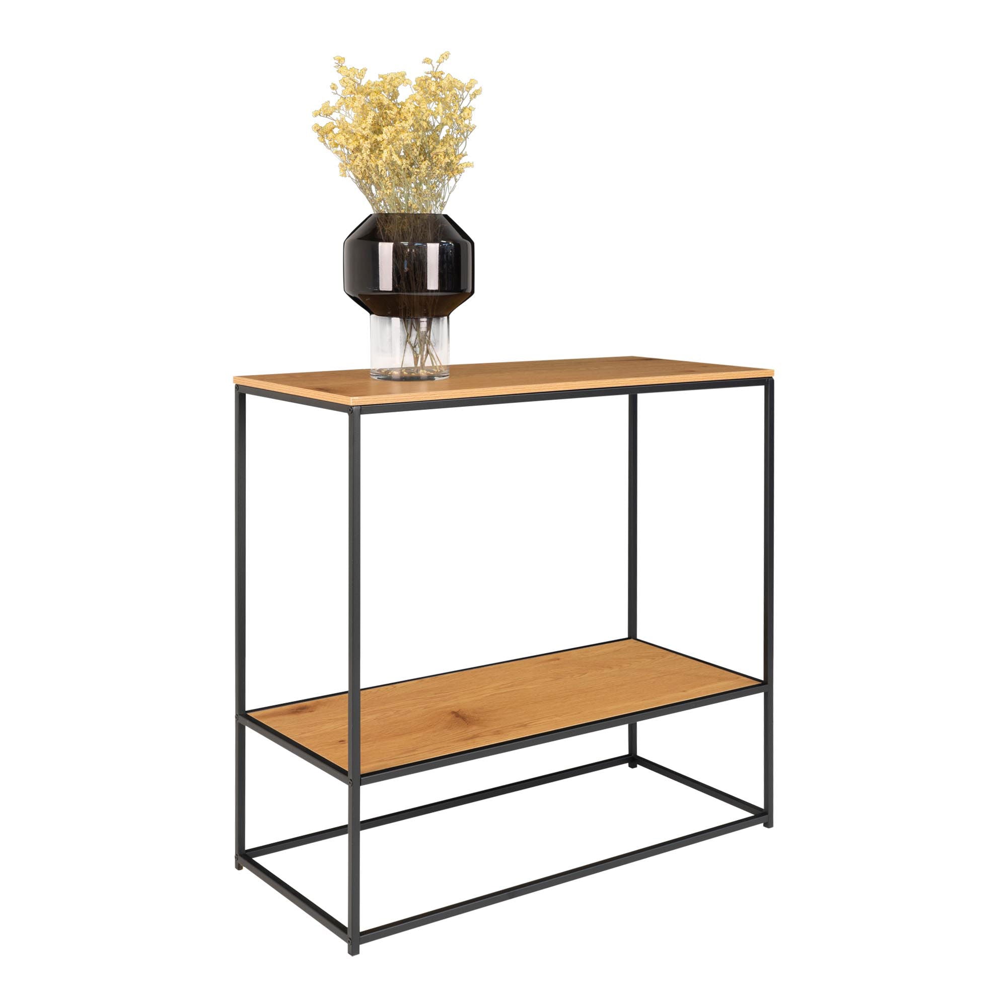 Vita Console table - Console table, 2 shelves, oak look, black frame 80x36x80 cm