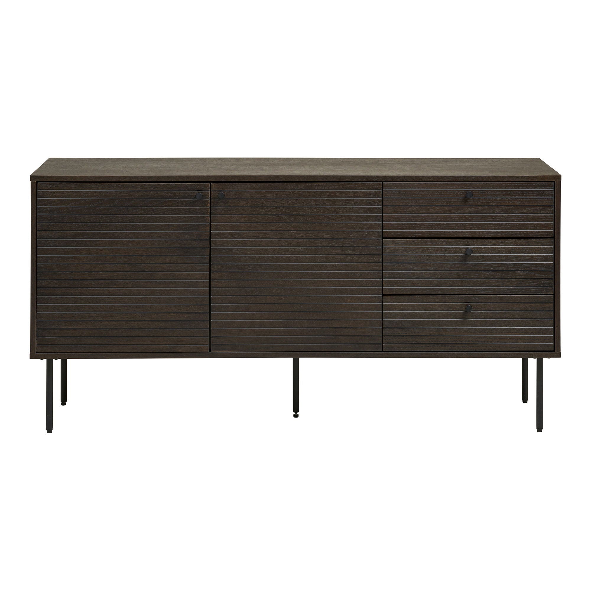 Kyoto Sideboard - Sideboard, 3 drawers, 2 doors, oak veneer, smoked, black metal legs, 150x40x74 cm